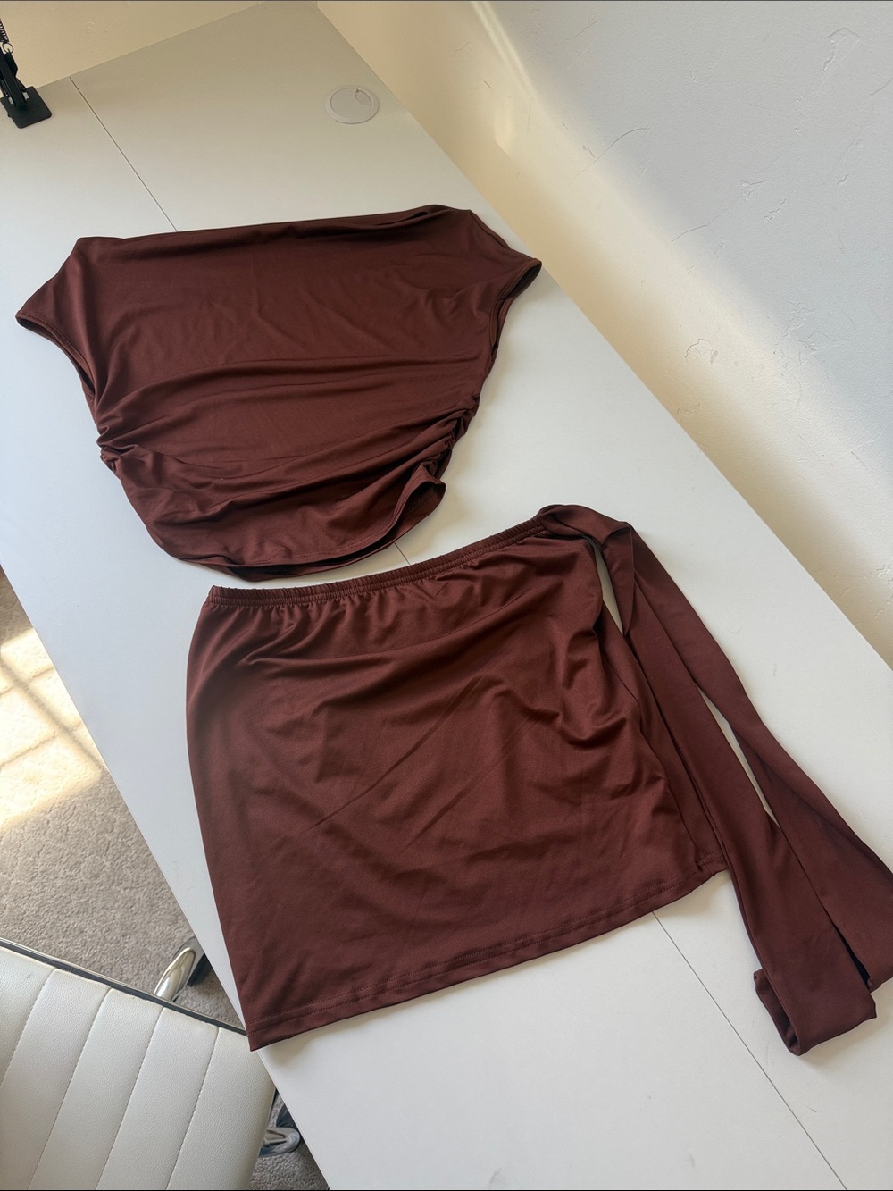 SHEIN Chocolate Brown Mini Wrap Skirt Set